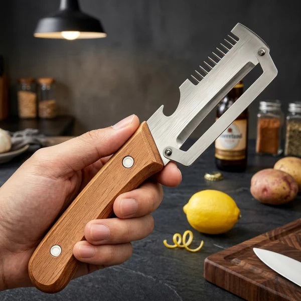 2-in-1 Stainless Steel Vegetable Peeler with Wooden Handle &amp; Bottle Opener