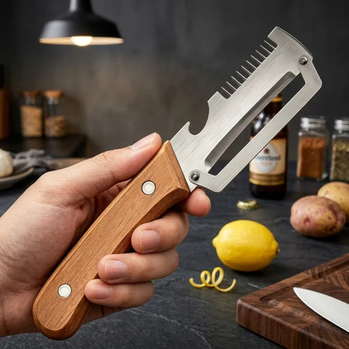 2-in-1 Stainless Steel Vegetable Peeler with Wooden Handle &amp; Bottle Opener